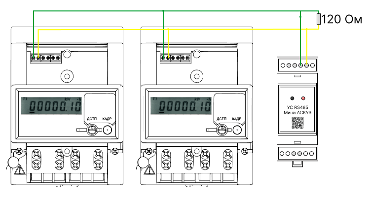 Схема подключения двух счётчиков к контроллеру УС-RS485 по шине RS-485