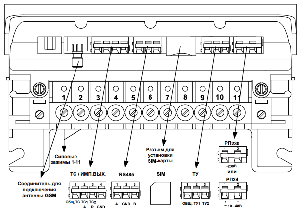 Клеммы RS-485 счётчика МИР С-07